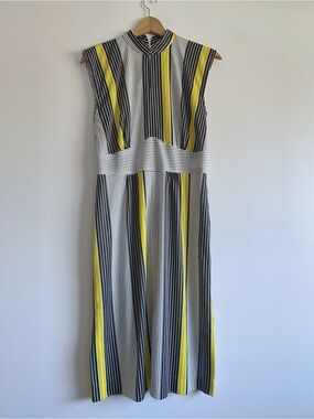 Vintage Striped Sleeveless Midi Dress in Yellow, Black & White